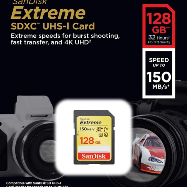 SanDisk 128GB Extreme SDXC UHS-I Card - C10, U3, V30, 4K UHD, SD Card - SDSDXV5-128G-GNCIN 150mbps