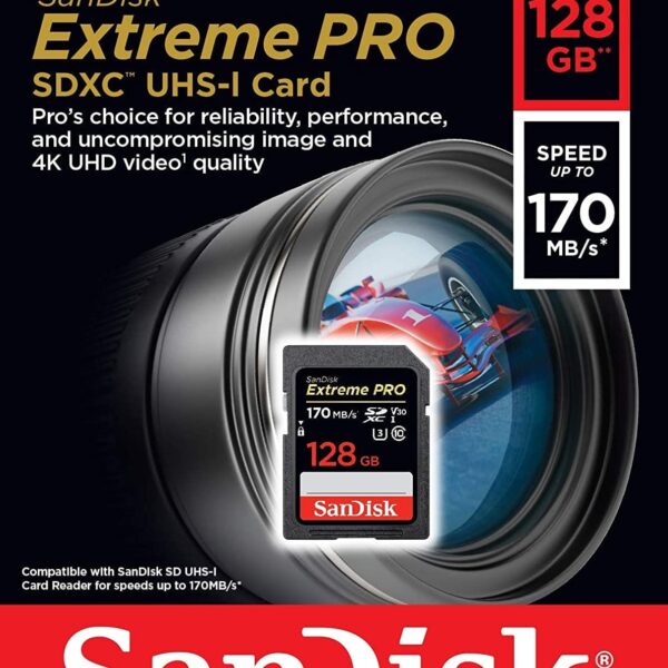 SanDisk 128GB Extreme PRO SDXC UHS-I Card - C10, U3, V30, 4K UHD, SD Card - SDSDXXY-128G-GN4IN 170mbps